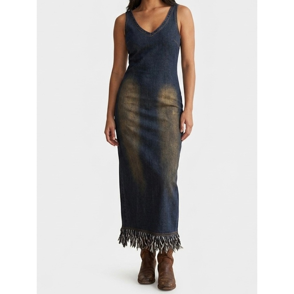 Vtg Y2K Bloom USA Denim Maxi Dress Fringe Hem S 90s Jean Western Boho Column Fit